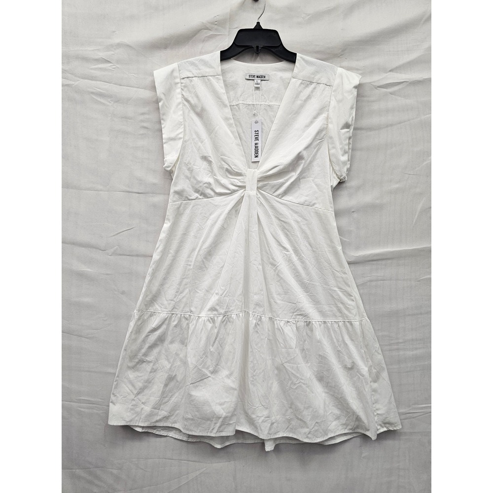 Steve Madden Womens V-Neck Tiered Mini Dress White Cotton Casual Size Large